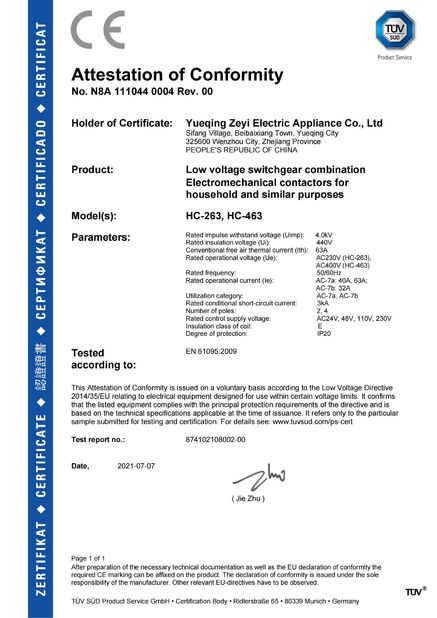 China YueQing ZEYI Electrical Co., Ltd. Certification